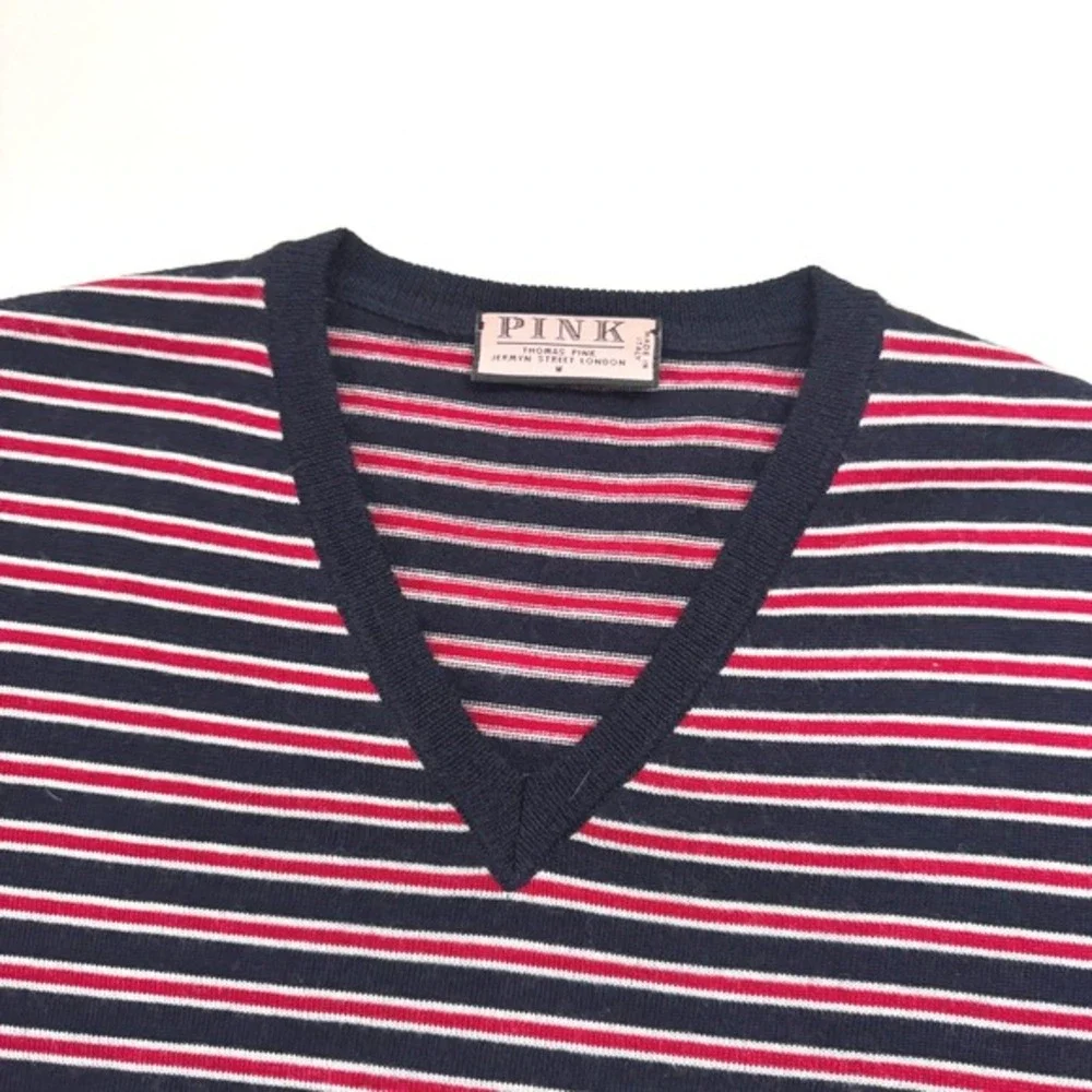Thomas Pink V-Neck Sweater Mens Navy Red Striped 100% Merino Wool Italy‎ Size M